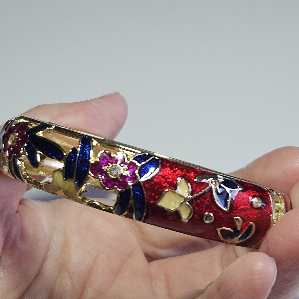 *Sale* Jiu Long Xing Gold Tone Red Blue Cloisonne Flower Hinged Bracelet 7.5" - Picture 2 of 14